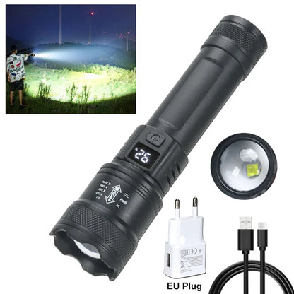 Hochleistungs-LED-Taschenlampe (2000 lm) mit Display, USB-Ladefunktion, ideal für Camping, Angeln und Notfälle.