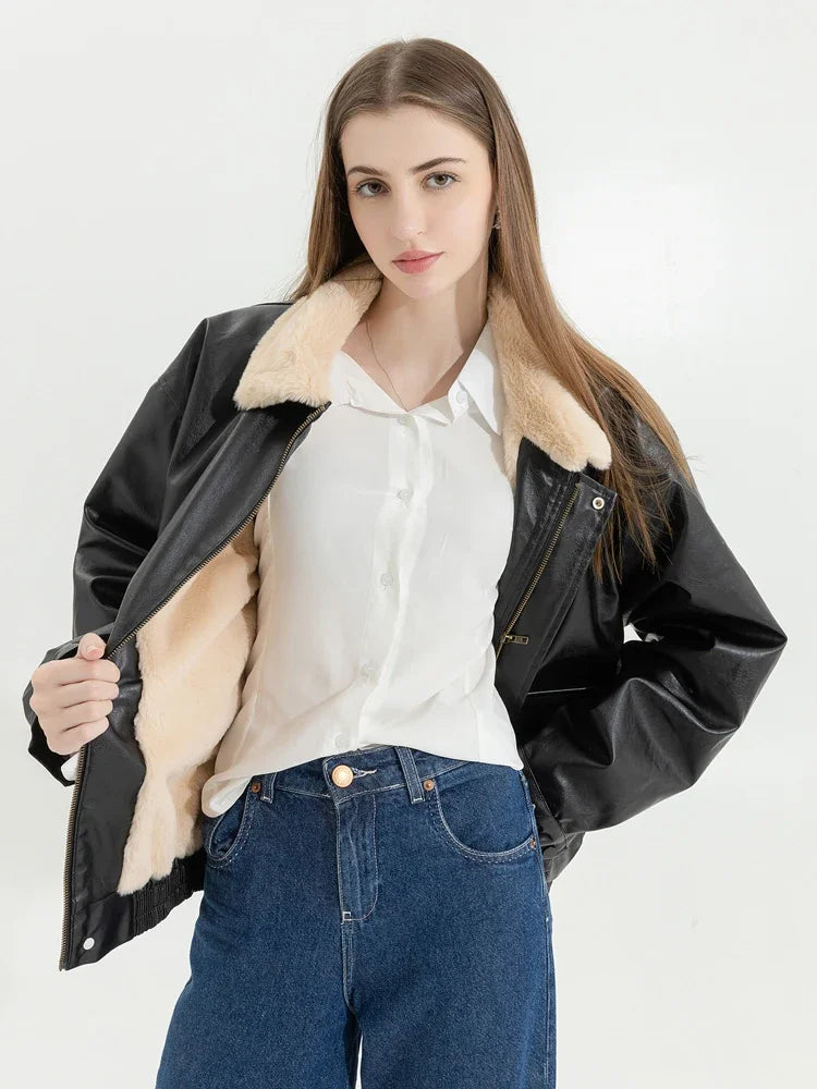 Retro Gothic Brown Plush Fur Leather Jacket Women Fashion Classic Vintage Autumn And Winter Zipper Casual Motorcycle Jacket