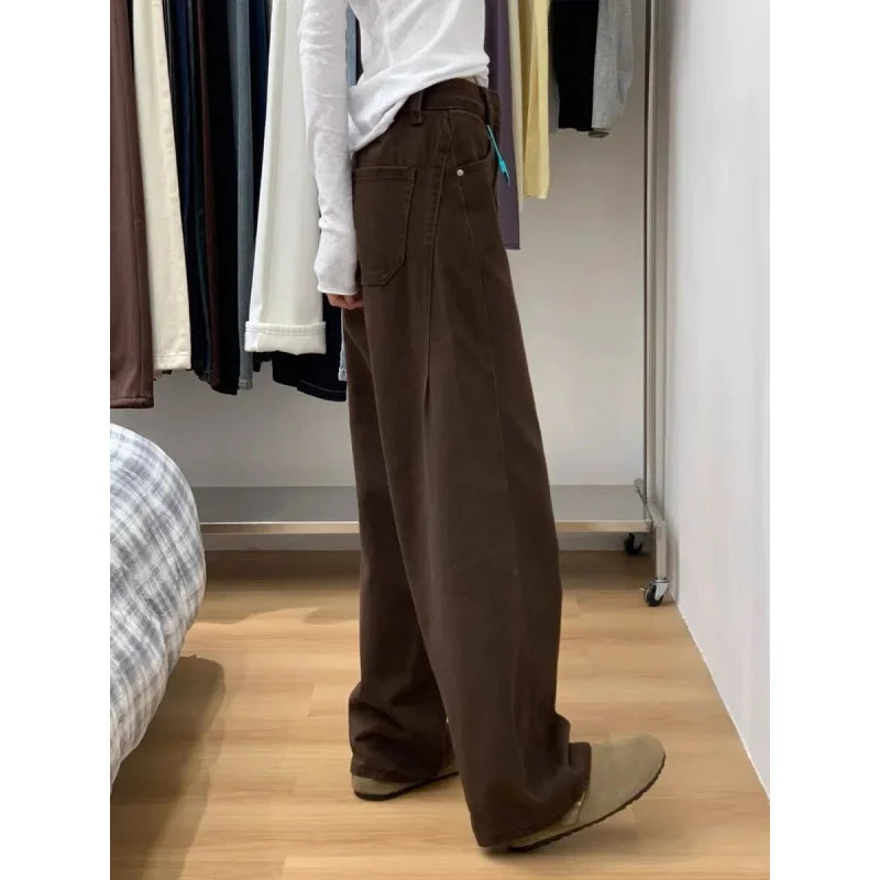 Maillard Brown Straight Leg Jeans for Women 2025 Autumn Winter Loose Fit Pear Shape Curved Wide Leg Pants
