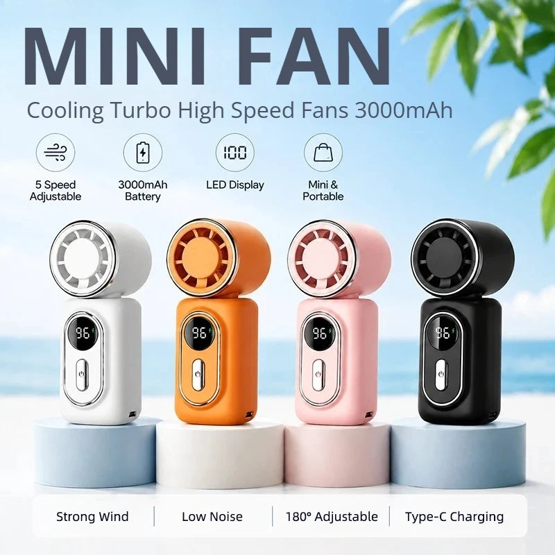 Portable Mini Fan Handheld Small Fan Cooling Turbo High Speed Fans 3000mAh 5 Speeds 180° Adjustable LED Display USB Rechargeable