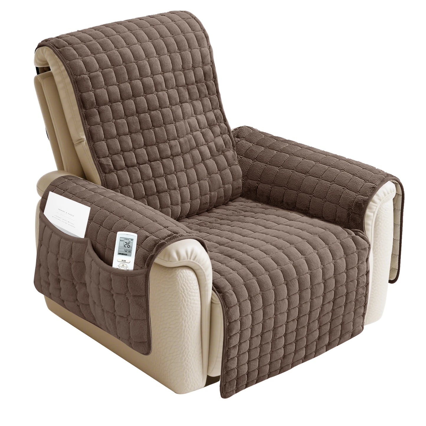 Quilted Recliner Sofa Cover Waterproof Armchairs Slipcovers Dogs Pets Kids Anti-Slip with Side Pockets Elastic Strap Protector