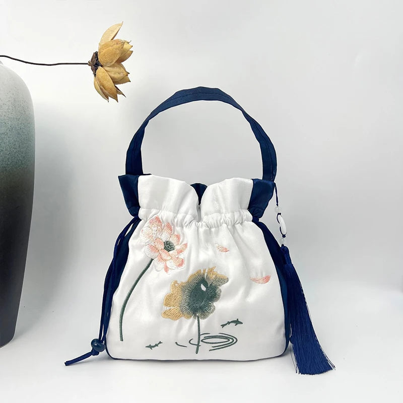 Chinese Style Retro Flower Embroidery Crossbody Top-handle Bags Women Shoulder Lace Drawstring Bucket Bag Coin Purses Handbags