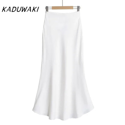 KADUWAKI Summer Long Black Satin Skirts Spring Straight Maxi Champagne Skirts Elegant Women Satin Silk Skirts Long Brown 니트 스커트