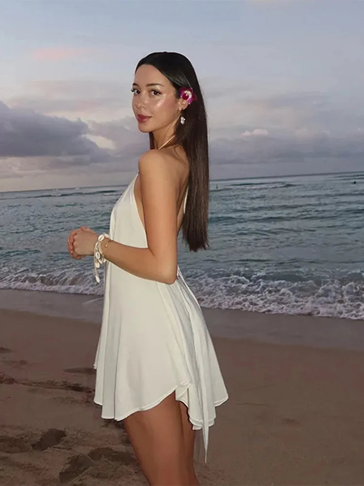 Sexy White Halter Backless Short Dresses Back Lace Up Tie-Waist Sexy Summer Beach Party High-Street Mini Dress Vestido For Woman