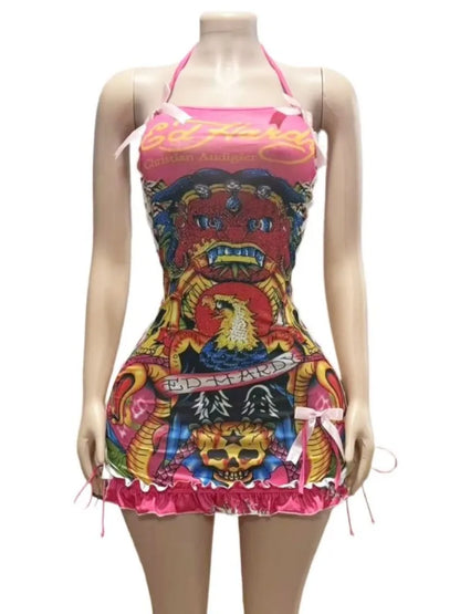 Joskaa 2025 Summer Women's Sexy Print Halter Wrap Chest Backless Side Hollow Bandage Body-Shaping Mini Dress Holiday Beachwear