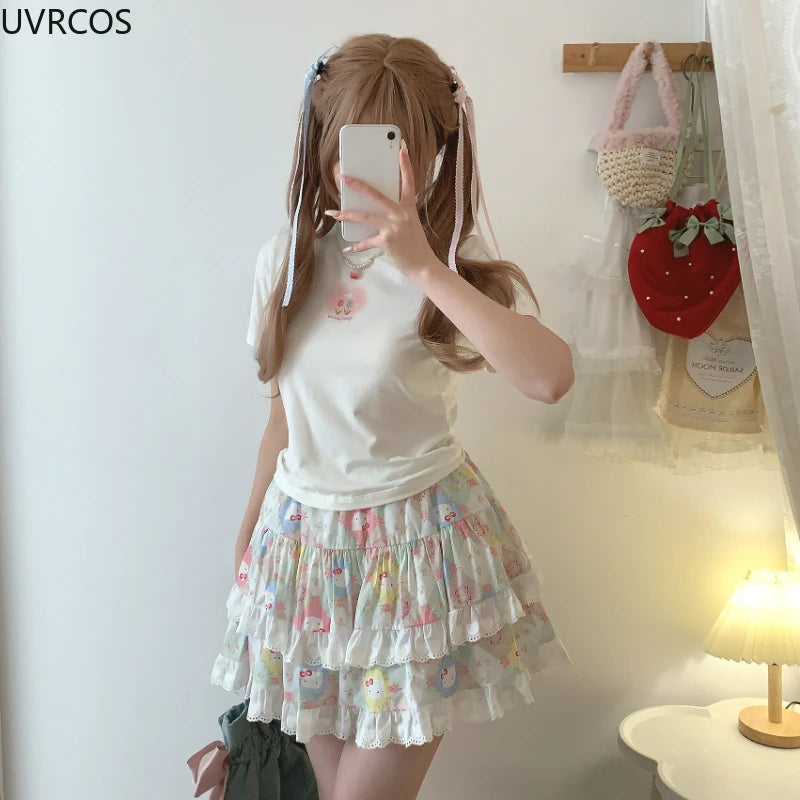 Korean Fashion Sweet Lolita Style Mini Skirt Women Cute Cat Print Layered Lace Cake Skirts Girly Japanese Kawaii Y2k Short Skirt