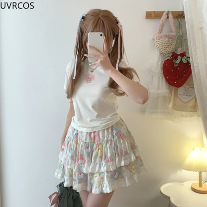Korean Fashion Sweet Lolita Style Mini Skirt Women Cute Cat Print Layered Lace Cake Skirts Girly Japanese Kawaii Y2k Short Skirt