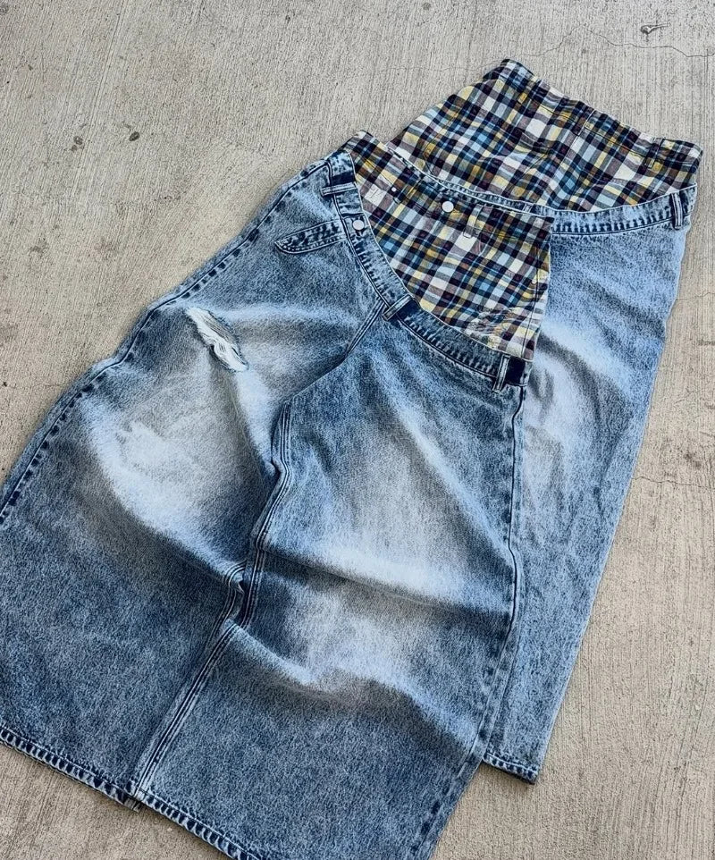 New retro striped patchwork hip hop high street women jeans Y2K fashion washed side panels men and women ripped loose jeans