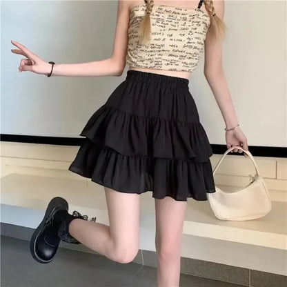 Summer Kawaii White Ruflles Skirt Women Fashion Slim Fit Chiffon Mini Skirts Giris Y2k All Match Elastic High Waist Black Faldas