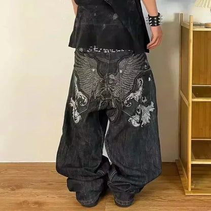 American Fashion Trend Joker Pattern Embroidered Loose Jeans Women Street Y2K New Hip Hop Oversized Wide-leg Pants Unisex Jeans