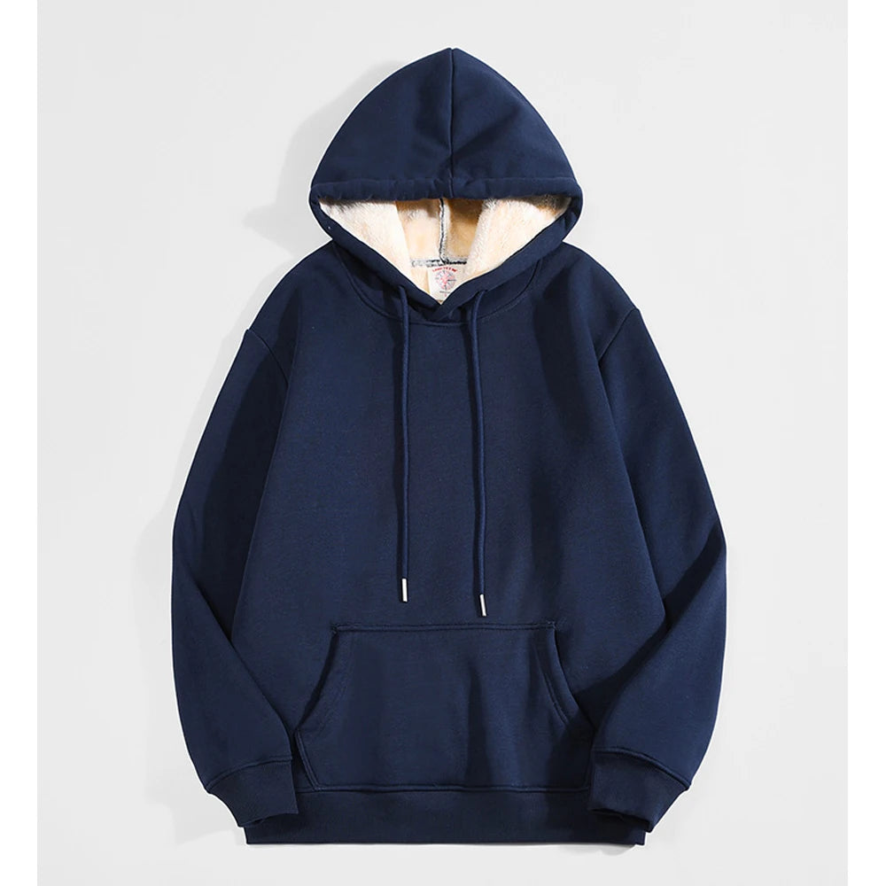 Winter Warm Thicken Hoodies Men Lambswool  Sweatshirt Casual Sports Fleece Coat Hooded Black Navy Blue Warm Streetwear