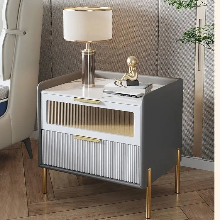 Bedside Table,Modern Light Luxury, Solid Wood Italian Simple Storage, Ultra-narrow Bed Leather Smart Side Cabinet Bedroom