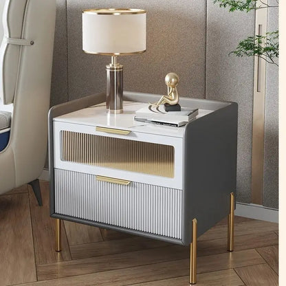 Bedside Table,Modern Light Luxury, Solid Wood Italian Simple Storage, Ultra-narrow Bed Leather Smart Side Cabinet Bedroom