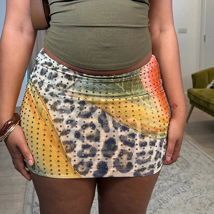 Chic Women Summer Bodycon Skirts Casual Leopard/Floral Print Rhinestones Mini Skirt for Beach Vacation Club y2k Streetwear