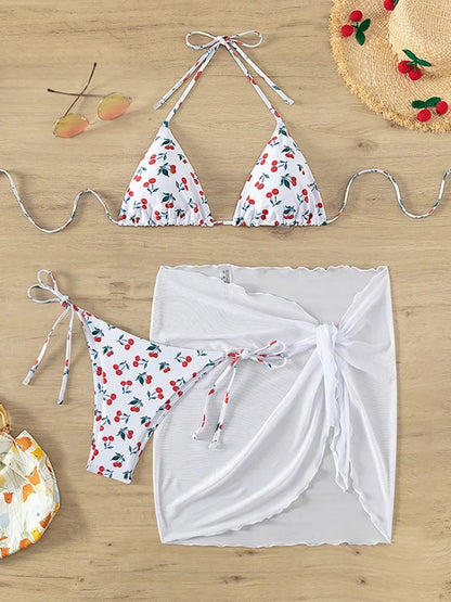 With Mesh Sarong Skirt Cherry Printed Bikini Female Swimsuit Women Swimwear Three Pieces Bikini Set Bathing Suit Swim Beachwear
