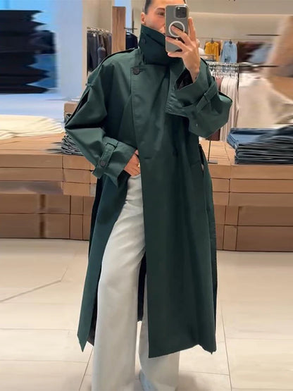 Chic Women's Long Trench Coat Stylish Stand Collar Belted Loose Windbreaker Outerwear Autumn New Dark Green Maxi Overcoat Outfit
