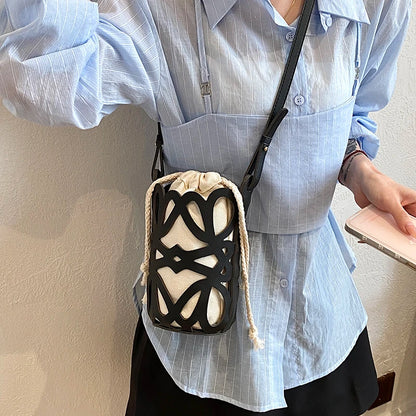 Solid Color PU Versatile Hollow Out Mini Bucket Bag Casual Drawstring Crossbody Bags Hot Sale Adjustable Strap Shoulder Bags