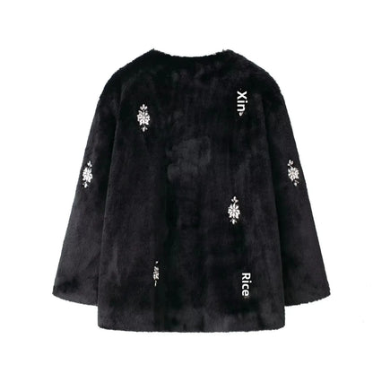SAW Independent Station Luxury Artificial Fur Jacket Women's Outerwear Crew Neck Short Coat Jewelry Decoration Winter Coat