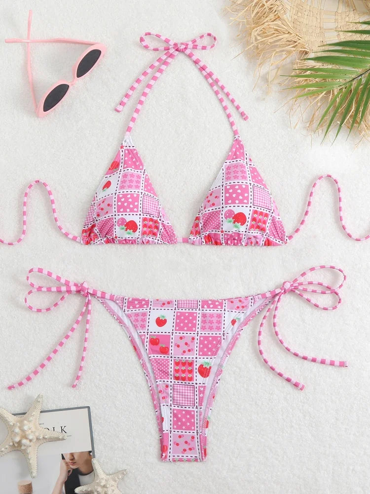 Bikini Women Swimsuit 2026 New Print Halter Bikinis Set Sexy Thong Swimwear Summer Two Piece Backless Beach Bathing Suit Female