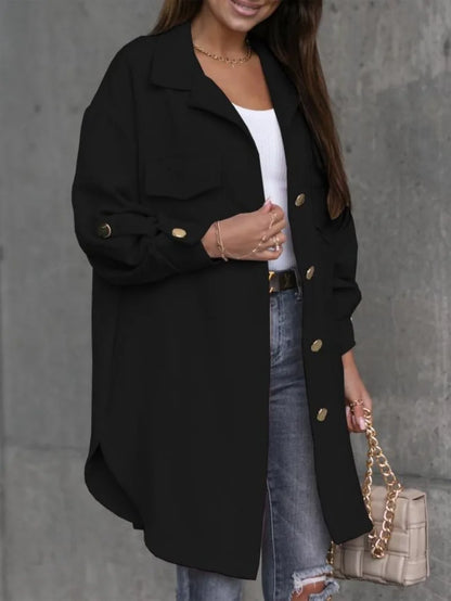 Women's Clothing Autumn and Winter New Fashion Commuter Pocket Solid Color Sleeve Button Decoration Long Shirt Coat