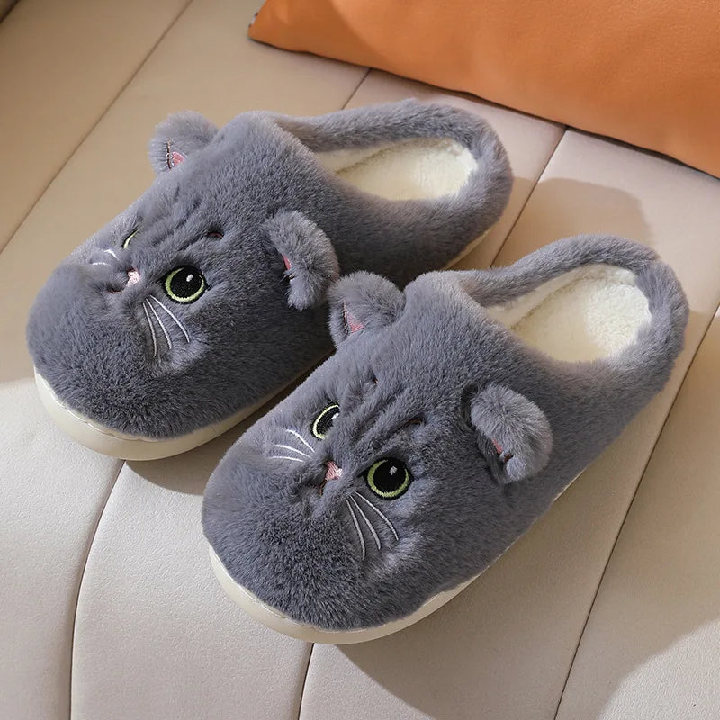 Winterwarme Hausschuhe für Damen, flauschig, mit Katzenmotiv, Cartoon-Fell, Plüsch, für drinnen, bequem, wärmend, flach, Flip-Flop