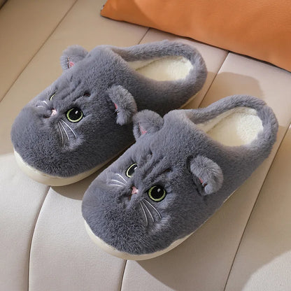 Winterwarme Hausschuhe für Damen, flauschig, mit Katzenmotiv, Cartoon-Fell, Plüsch, für drinnen, bequem, wärmend, flach, Flip-Flop