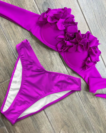 2026 New Summer New Sexy Petal Push Up Backless Bikini Set Women Fashion Flower Ruffles Bikini Lady Solid Beachwear Bathing Suit