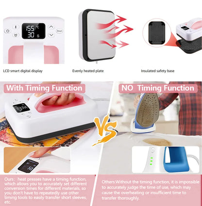 1PCS Heat Press Machine for T Shirts 7‘’x5'' Portable T Shirt Press Machine Fast Heat-up Iron Press Heat Transfer Machine(Pink)