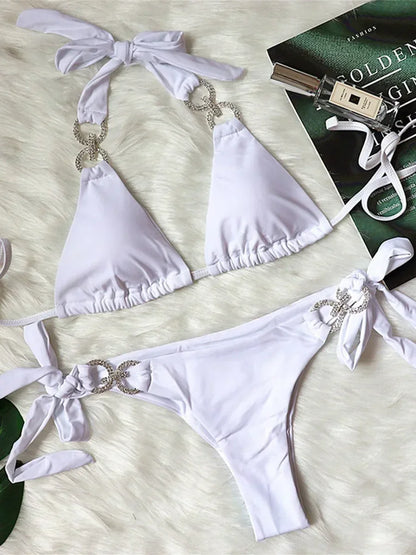 2025 Shiny Rhinestone Diamond Bikini Women Swimsuit Female Swimwear Two Pieces Bikini Set Halter Bathing Suit Swim Beach Wear