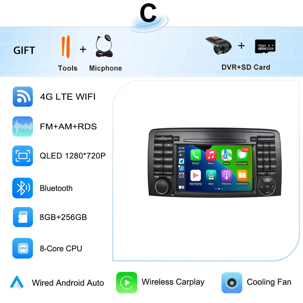 for Mercedes-Benz R-Class R300 R350 R400 2006-2014 GPS Navigation 7" 2.5D Touch Screen Android 16 Wireless CarPlay DSP Stereo