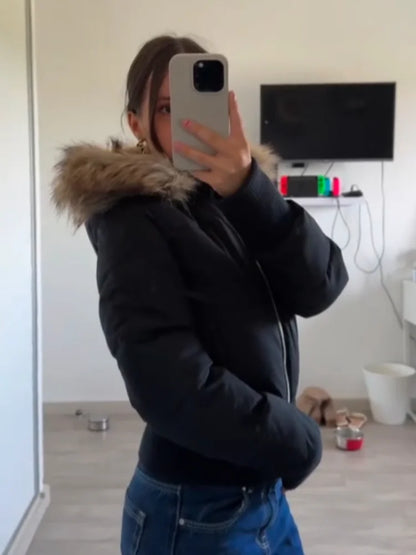 Fashion Faux Fur Hooded Quilted Coat For Women Casual Full Sleeve Zipper Pocket Cropped Jacket Lady 2025 Winter Street Outerwear