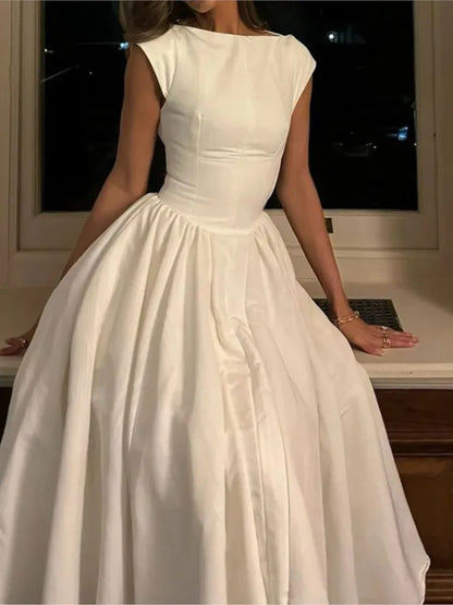 ONEBLING Elegant Women Party Dress 2025 Summer Sleeveless Backless Slim Midi Long Dress A Line Folds Swing Prom Dress Y2K