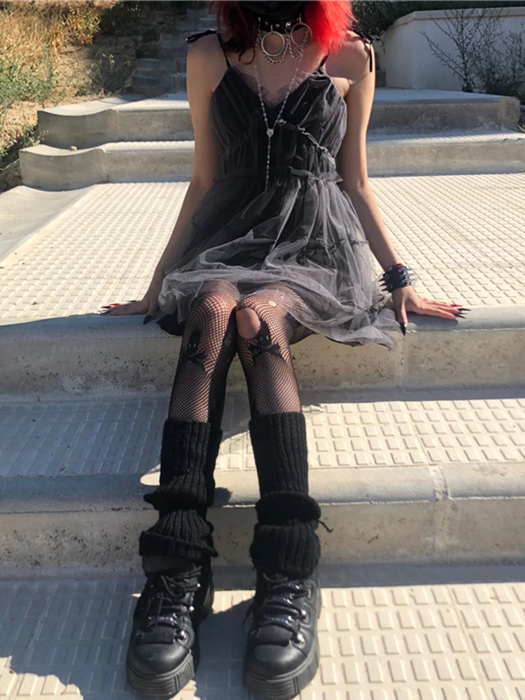 AltGoth Dark Gothic Mesh Dress Women Fairy Grunge Vintage Punk Strapless High Waist Dresses Harajuku Mall Goth Emo Alt Partywear