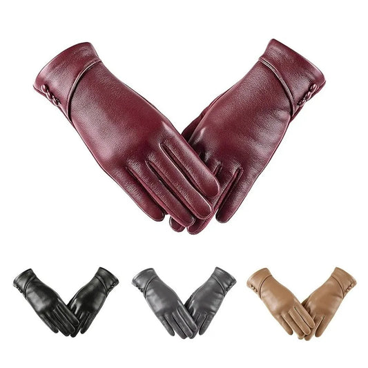 Simple Solid Color Full Finger Mittens Button Thickened Women Leather Gloves Windproof Keep Warm Touch Screen Gloves Outdooor