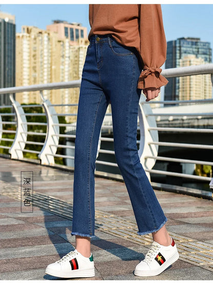 New Fashion Blue Fur-lined Ankle-Lenght High Waisted Jeans Woman Casual Lim-Fit Denim Trousers Female Girls Vintage Bell-bottoms
