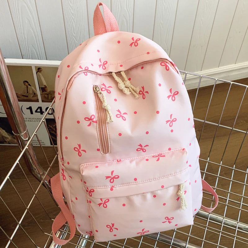 For Daily Use Back To School Season Playful Bow Print Quilted Backpack with Multi Pocket Adjustable Straps Large Capacity