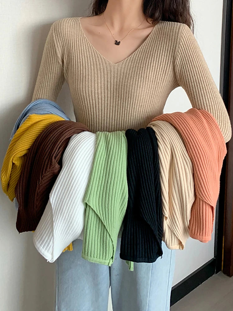 2026 Basic B-neck Solid Autumn Winter Pullover Women Female Knitted Ribbed Sweater Slim Long Sleeve Badycon High Quality Sweater