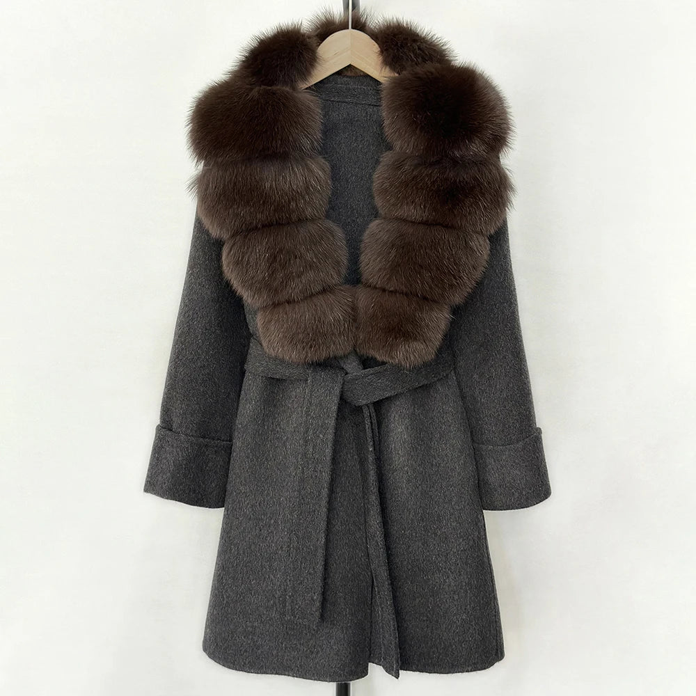 GENHUA 2025 New Winter Cashmere Wool Blends Women Natural Fox Fur Collar Cuffs Slim Fit Suit Double Sided Woolen Trench Coat