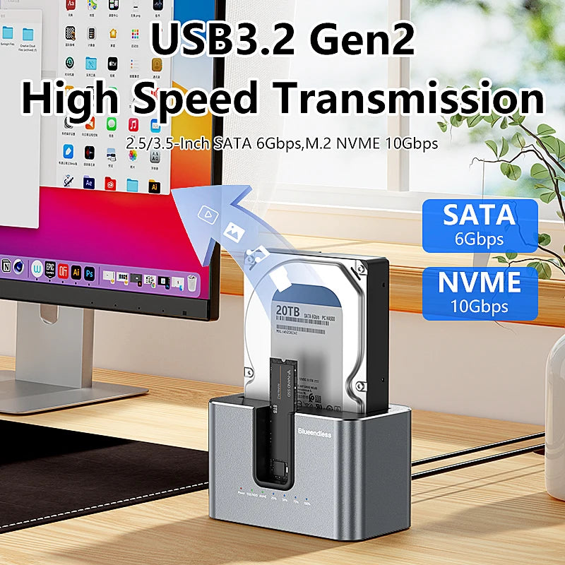 Dual Bay 2.5"/3.5" SATA HDD SSD Docking Station 10Gbps M.2 NVMe Enclosure Offline Clone Hard Drive Dock for 2.5'' 3.5'' HDD/SDD