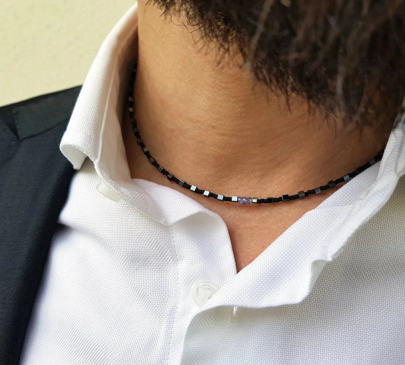 Mens Pearl Necklace with Hematite  Men Gemstones Necklace  Stone Necklace Onyx Mens Necklace