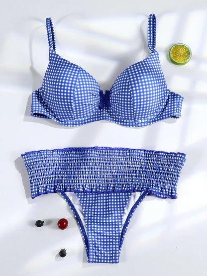 Miyouj 2025 Biquin Bow Bikinis Pleated Swimsuit Women Plaid Print Bikini Set Sexy Swimwear Push Up Beachwear Low Waist Bath Suit