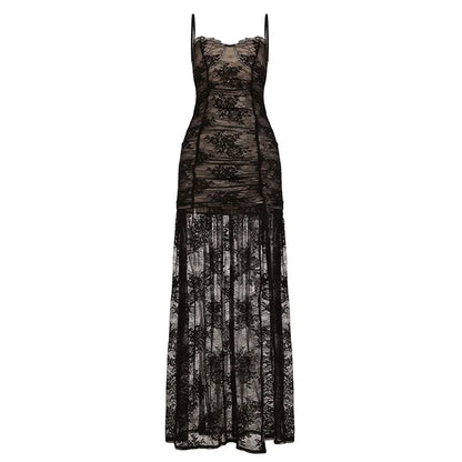 Sexy Lace Spaghetti Strap Dress Women Sleeveless Backless See Through Slim Split Long Dresses 2026 Spring Holiday Lady Robes