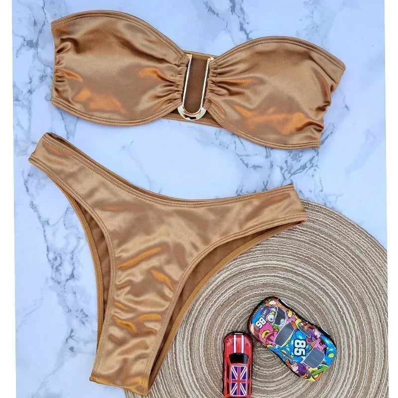 High Waist Swimsuit Women Push Up Beachwear Sexy Bandeau Bathing Suit Maillot De Bain Femme Bikini Summer Swimwear Women