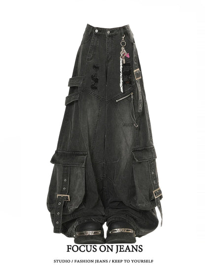 American Deconstructed Sa Multi-ket Workwear Jeans Women Loose Wide Leg Pants High Waist Long Trousers Blue Casual