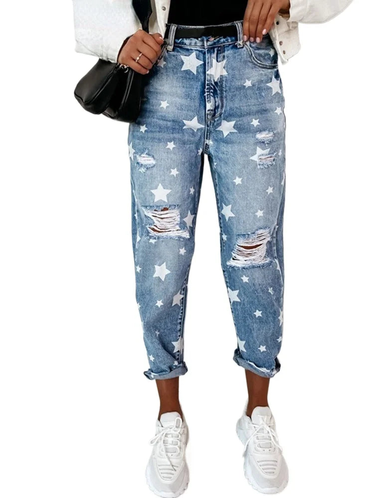 New Autumn Boyfriend Jeans Woman Slim Hole Jeans For Ladies With Five-Pointed Star Ripped Jeans Street Casual Blue Denim Pants