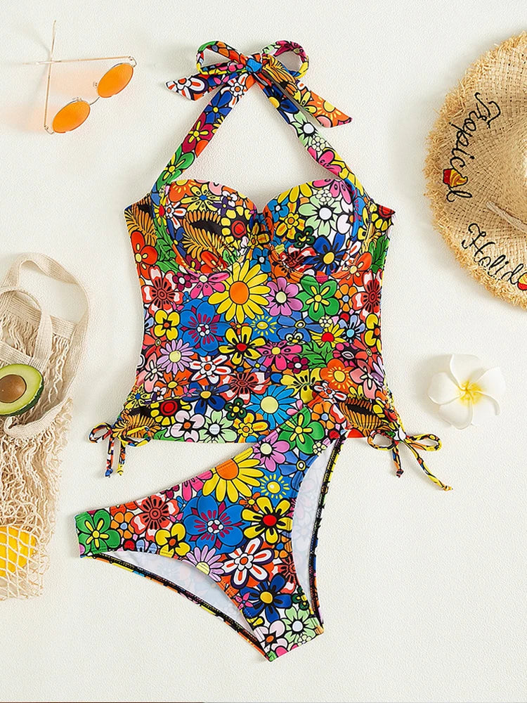 2026 Vintage Tied Halter Floral Print Tankini Set Women Summer Push UP Swimsuit Ladies Beach Backless Swimwear Bathing Suit Swim