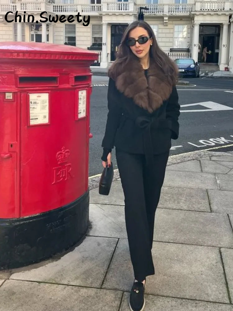 Street Women's Double Breasted Cropped Trench Coat With Faux Fur Collar Loose Full Sleeve Pocket Jacket 2025 Autumn Lady Outwear