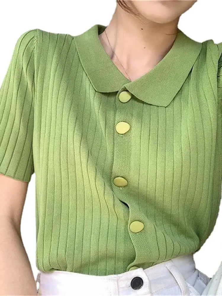 Cardigan Women Solid Short Sleeve Knitted Turn-down Collar Summer Casual All-match Tops Slim Button Up Students Korean Style