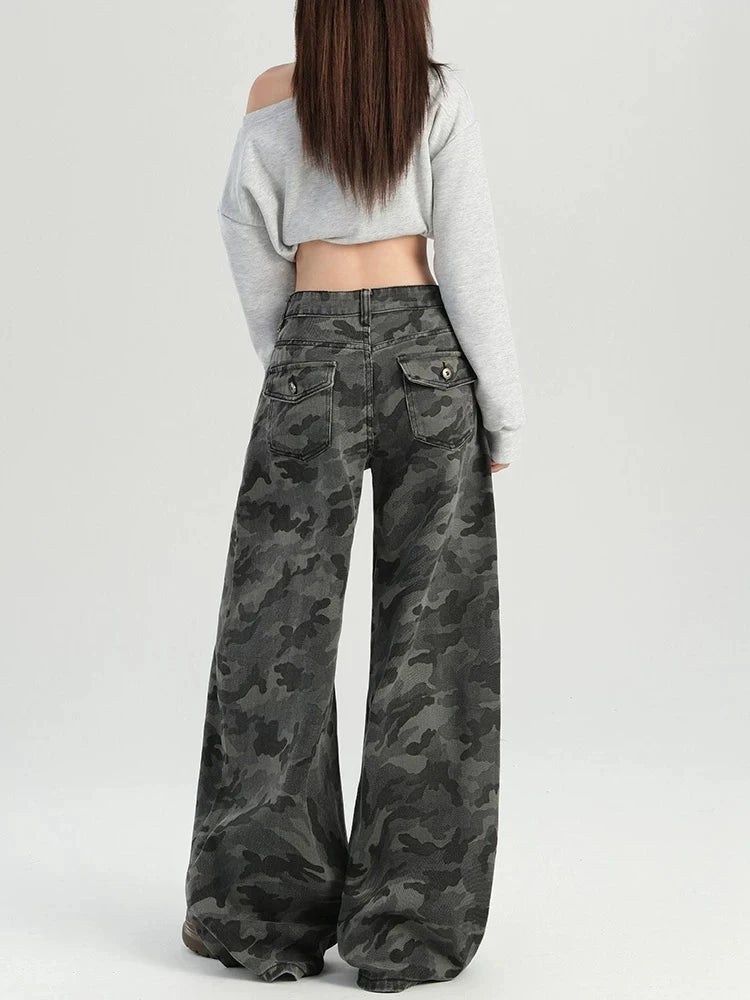 American High Street Fashion Cargo Pants Female Autumn Retro High Waist Women Pants Loose Slim Straight Leg Casual Woman Pants