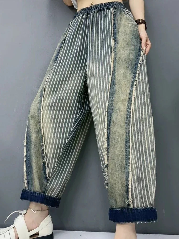 Amax luluE 2024 Summer Females Fashion Denim Pants Women Loose Vintage Striped Design Jeans Ladies Casual Classic Harem Trousers